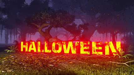 Glowing Halloween text in the dark forest 1