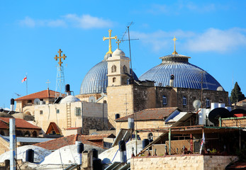 Fototapeta na wymiar Roofs of Old City with Holy Sepulcher Chirch Dome, Jerusalem