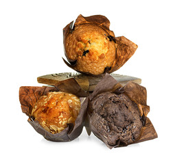 muffins in wooden box isolated on white background