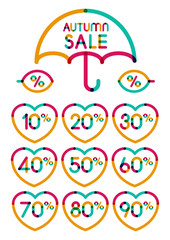 Set of colorful autumn sale discount labels, from 10 to 90 perce