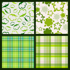 Cotton plant floral and green plaid background. Vector seamless