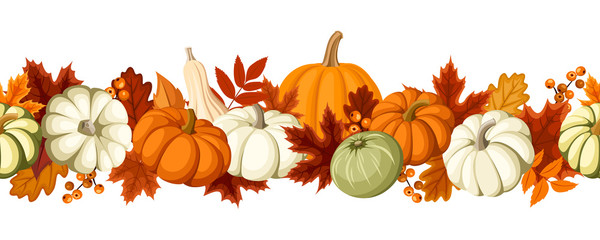Fototapeta premium Horizontal seamless background with pumpkins and autumn leaves.
