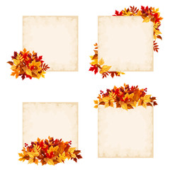 Naklejka na ściany i meble Vector beige cards with colorful autumn leaves.