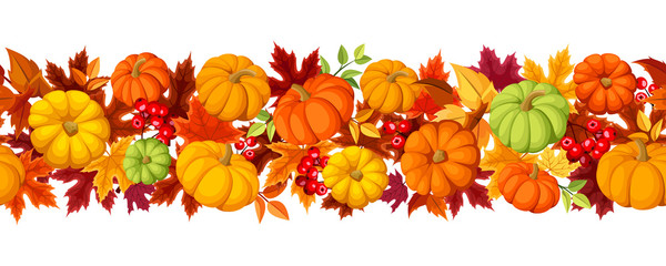 Horizontal seamless background with pumpkins and autumn leaves.