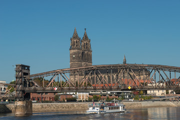 Fototapeta na wymiar Magnificent Cathedral of Magdeburg at river Elbe, Germany