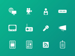 Media icons on green background.