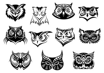 Large set of black and white owl heads