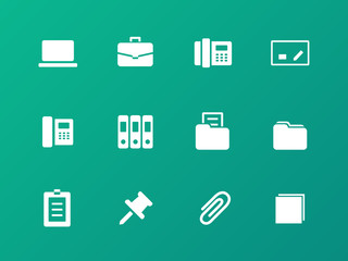 Office icons on green background.