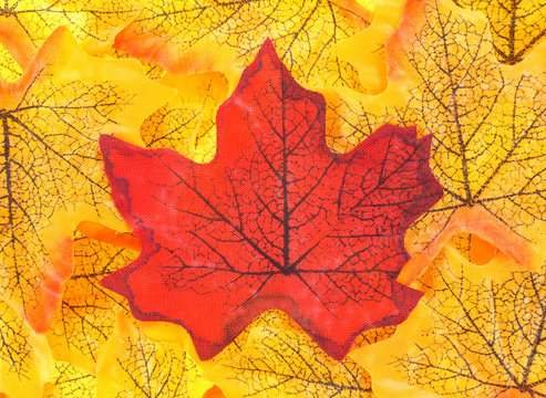 Fake fall leaves with a red leaf in the center