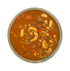 Hamburger soup in a stoneware bowl