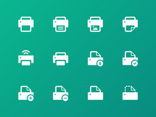 Printer icons on green background.