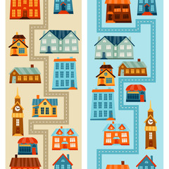 Town seamless patterns with cute colorful houses.