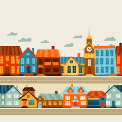 Town seamless pattern with cute colorful houses.