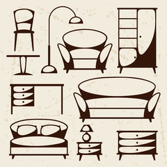 Interior icon set with furniture in retro style.