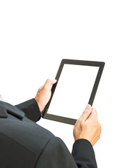 business man holding digital tablet, blank screen on white backg