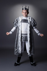 Studio shot of handsome little boy in king costume