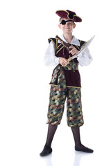Cute boy posing in pirate costume with eye patch