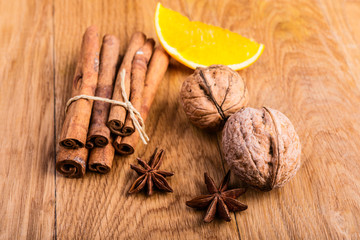 walnuts, orange and spices - ingredients for homemade cake