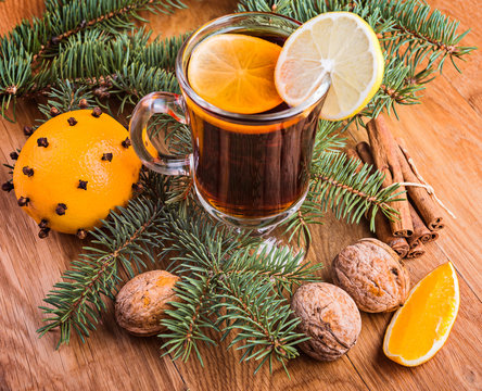Mulled wine  with  spices, orange and walnuts