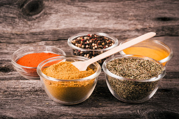 Close up cooking ingredients,  spices, herds. Vintage style.