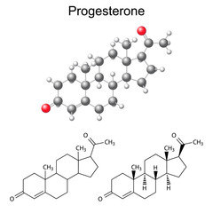 Structural chemical formulas and model of progesterone molecule
