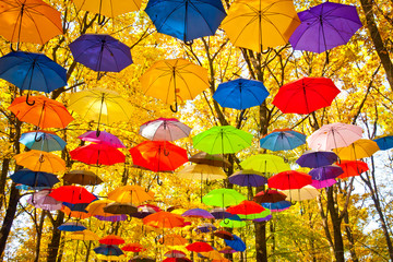 Fototapeta na wymiar autumn umbrellas in the sky