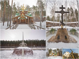 Ganina Yama cathedral and Nicholas II statue and obelisk and yek