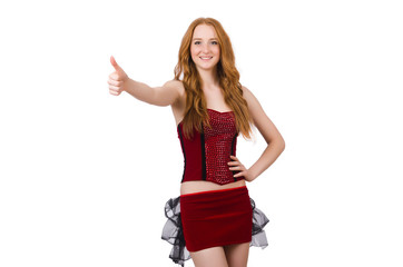 Woman giving thumbs up isolated on white