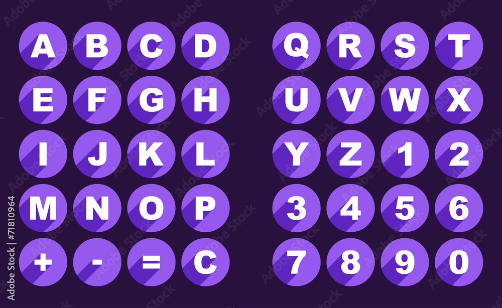 Fototapete simply alphabet letters and numbers rounded buttons in flat des