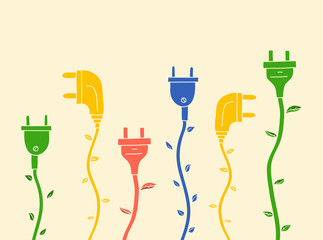 Green energy. Electric plug with leaves without contour