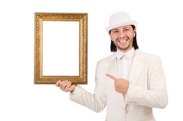 Man in white costume with picture frame