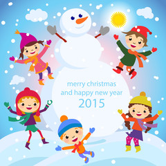 Fototapeta na wymiar Christmas Greeting Card Kids, Snow and Snowman vector