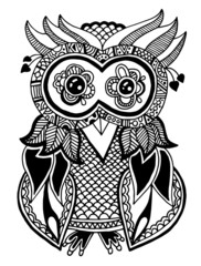 original artwork of owl, ink hand drawing in ethnic style