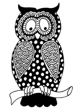 original artwork of owl, ink hand drawing in ethnic style