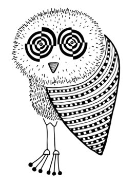 original artwork of owl, ink hand drawing in ethnic style