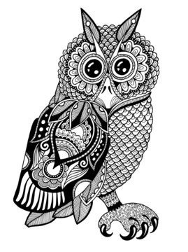 original artwork of owl, ink hand drawing in ethnic style
