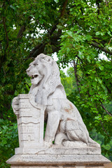 Fototapeta na wymiar Stone lion with a board in Budapest