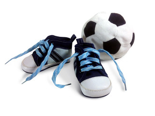 Blue baby sneakers with a ball on white