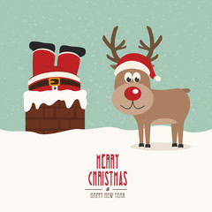 santa stuck in chimney vintage reindeer smile snow background