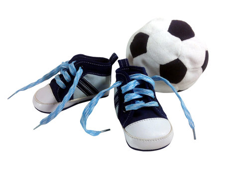 Blue baby sneakers with a ball on white