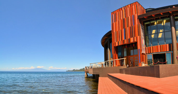 Lake Theater with volcano Osorno in Patagonia