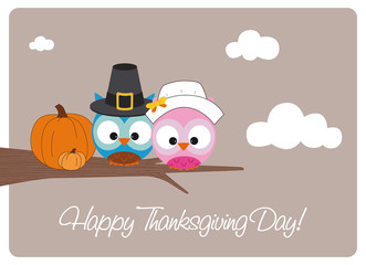thanksgiving day, owls dressed like old pilgrim fathers