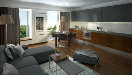 rendering of a modern living room with open kitchen