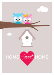 home sweet home, couple of owls near their cozy nest