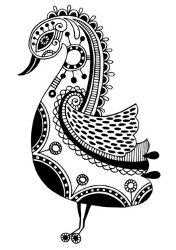 ink drawing of tribal ornamental bird, ethnic pattern, black and
