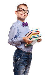 Happy little boy with books 