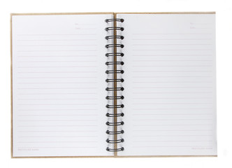 blank spiral notebook open on white