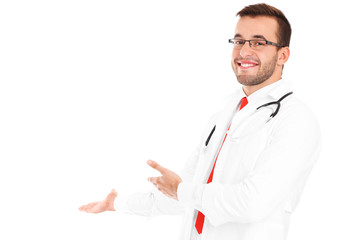 Happy doctor with stethoscope showing your product