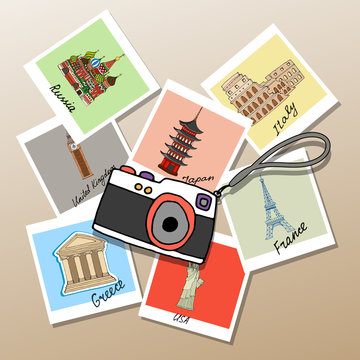 Camera with photographs of global landmarks