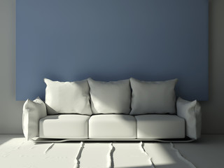 3D daylight  living room pillow sofa and blue painting